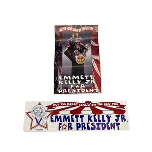 Vintage Emmett Kelly Jr For President Postcard & Bumper Sticker Flambro Circus